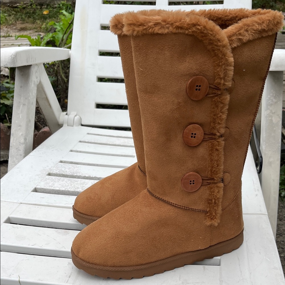 Olivia Miller Tan Faux Fur Button Boots